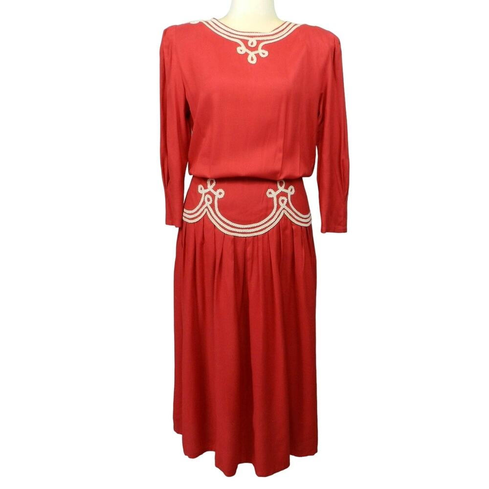 Vintage 80s Sarah Elizabeth Midi Dress Sz L Red Braided Scallop Trim Button Back